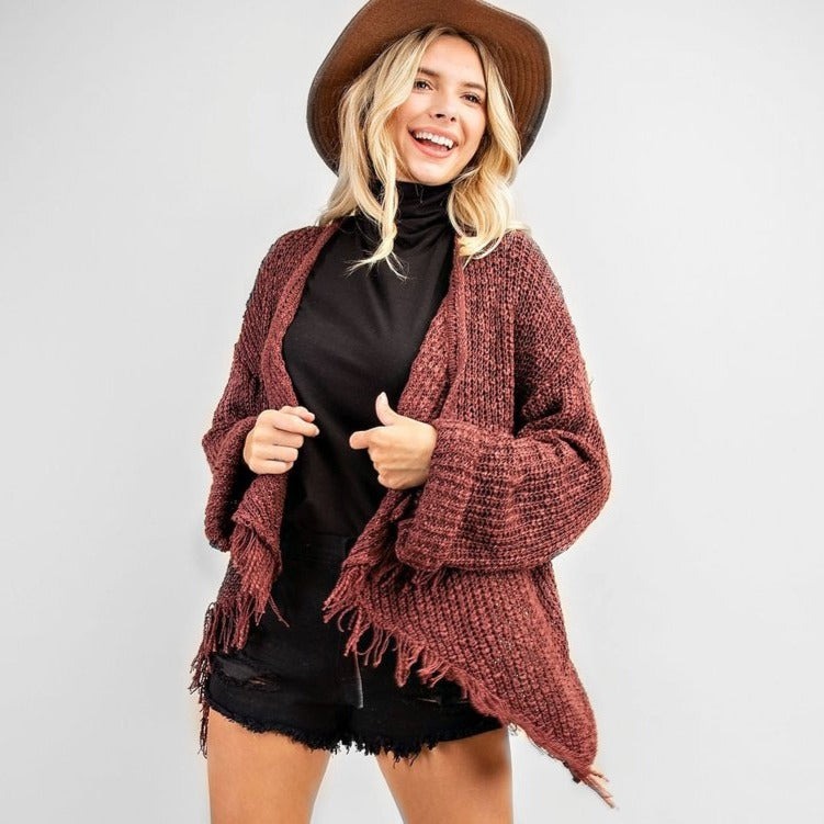 FRAYED AND DRAPED SWEATER CARDIGAN BURGUNDY
