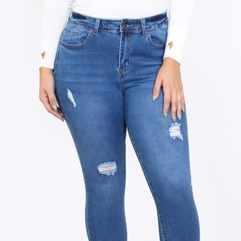 PLUS SIZE MEDIUM WASH RIPPED DENIM SKINNY JEANS