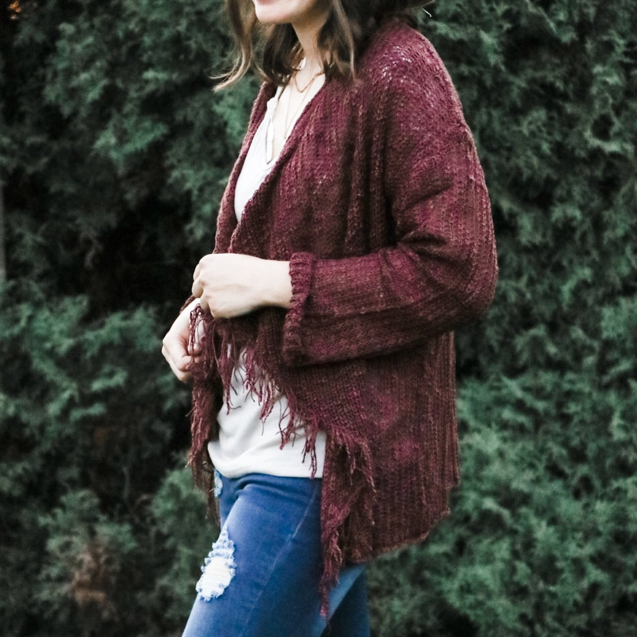 FRAYED AND DRAPED SWEATER CARDIGAN BURGUNDY