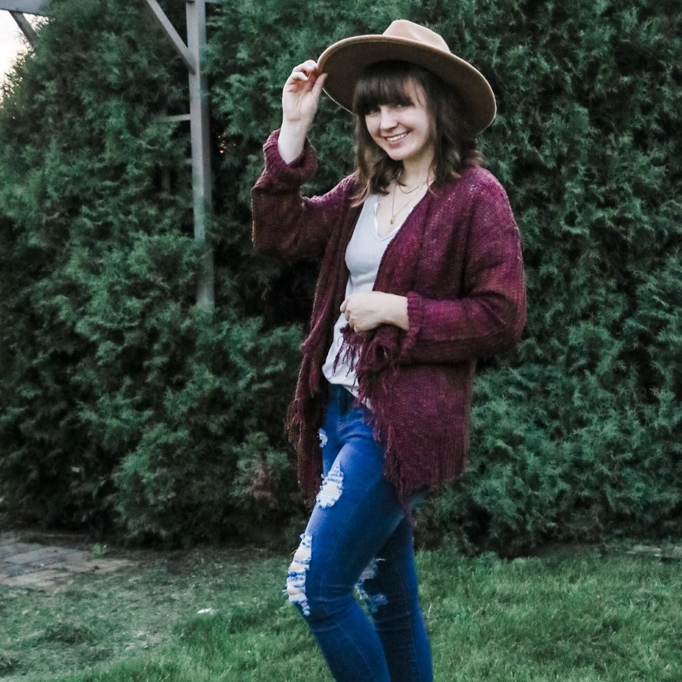 FRAYED AND DRAPED SWEATER CARDIGAN BURGUNDY