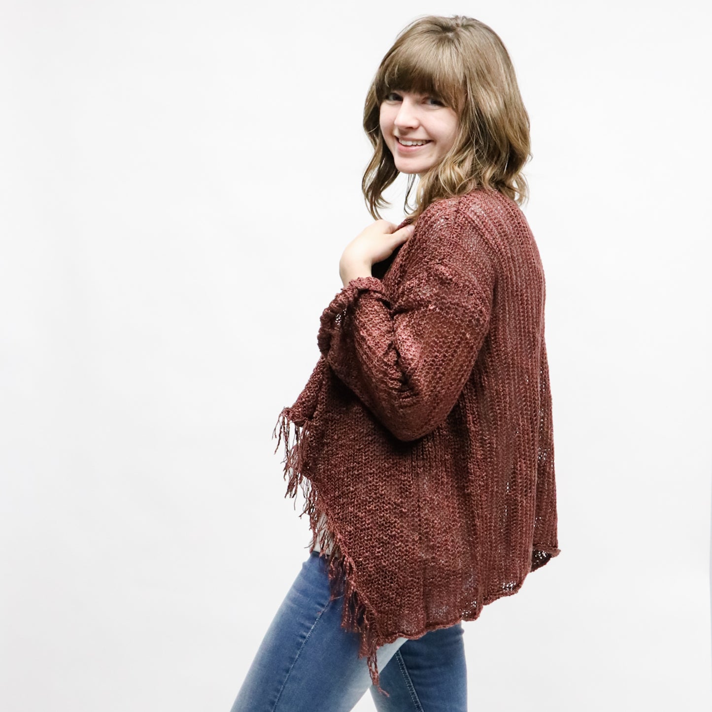 FRAYED AND DRAPED SWEATER CARDIGAN BURGUNDY