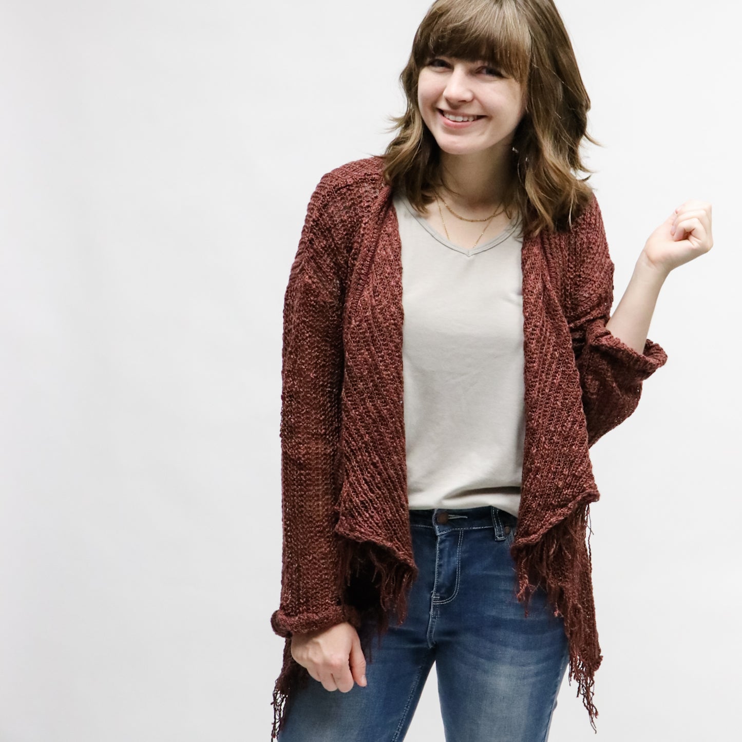 FRAYED AND DRAPED SWEATER CARDIGAN BURGUNDY