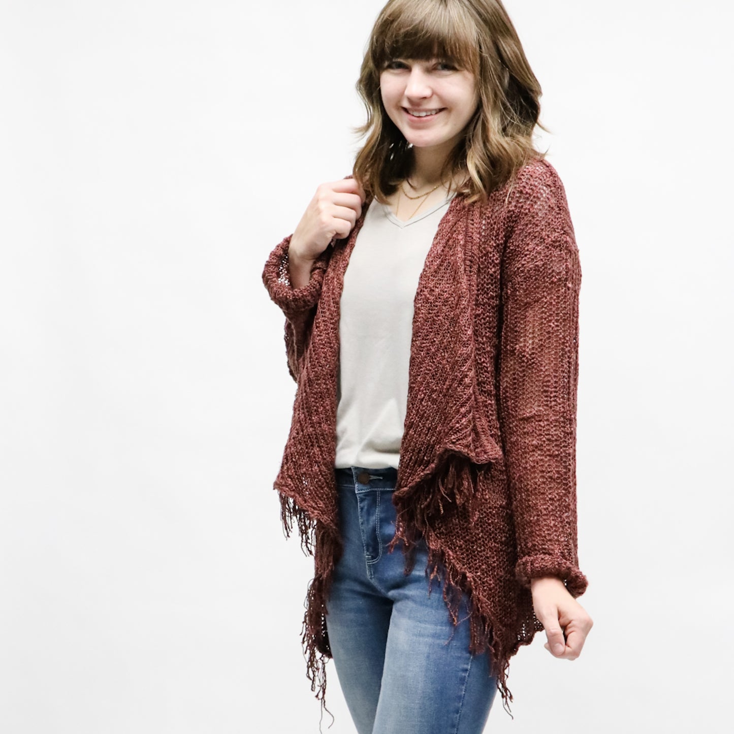FRAYED AND DRAPED SWEATER CARDIGAN BURGUNDY