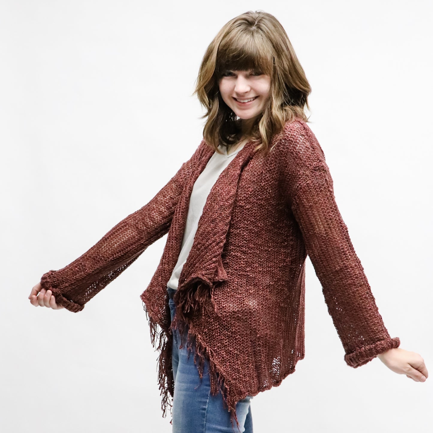 FRAYED AND DRAPED SWEATER CARDIGAN BURGUNDY