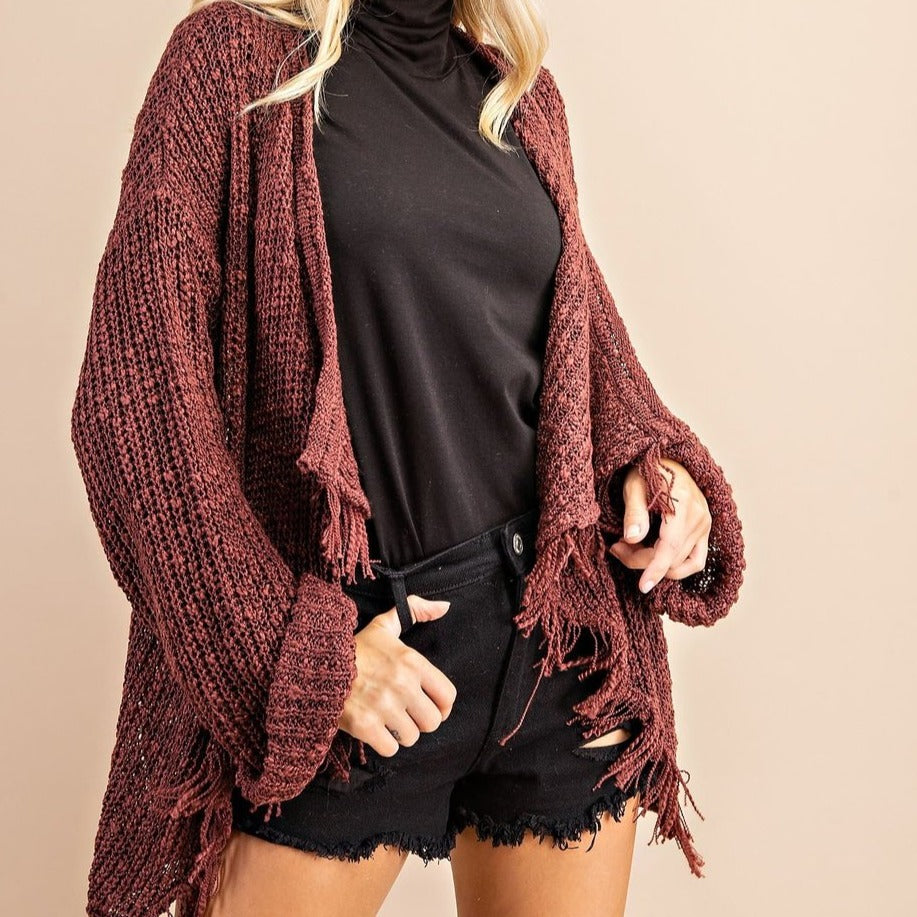 FRAYED AND DRAPED SWEATER CARDIGAN BURGUNDY