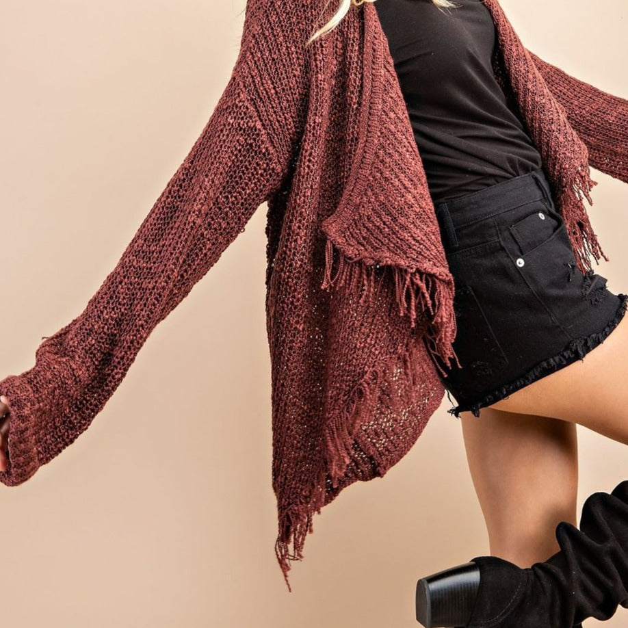 FRAYED AND DRAPED SWEATER CARDIGAN BURGUNDY