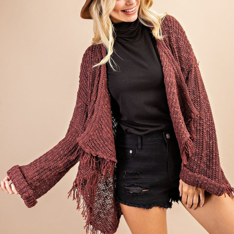FRAYED AND DRAPED SWEATER CARDIGAN BURGUNDY
