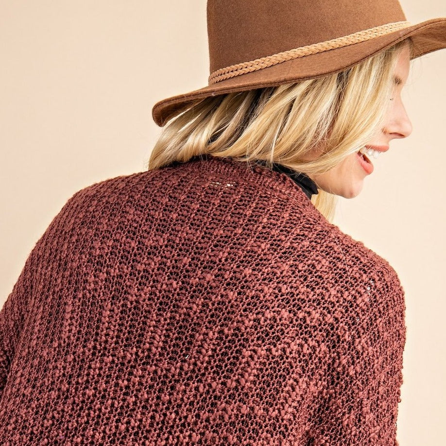 FRAYED AND DRAPED SWEATER CARDIGAN BURGUNDY