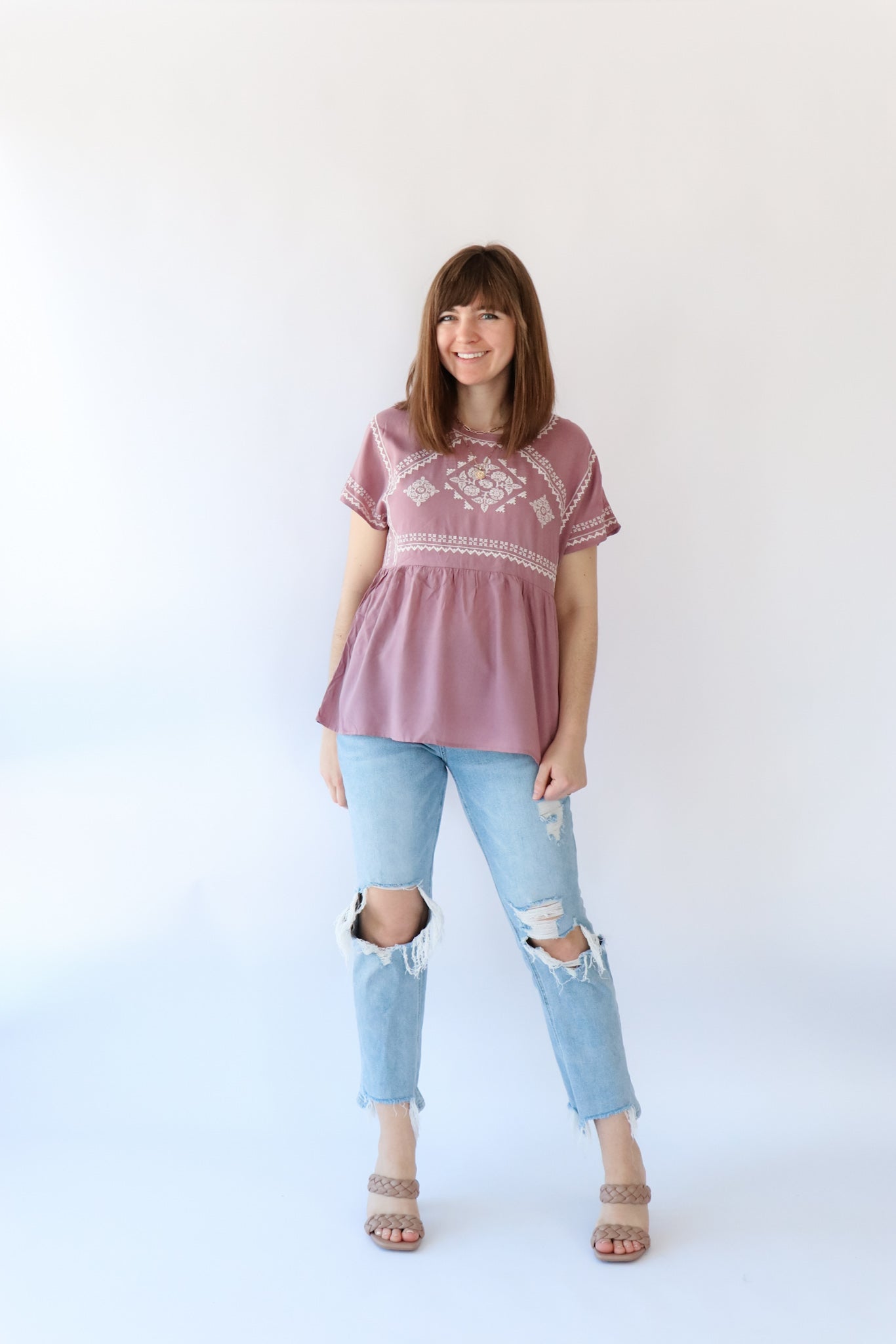 EMBROIDERED DETAIL TOP WITH RUFFLE