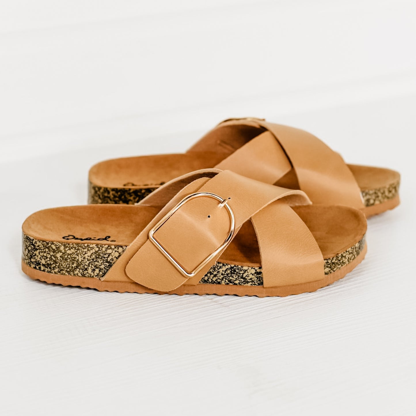 BUCKLE X-BAND SLIP ON SANDALS TAN