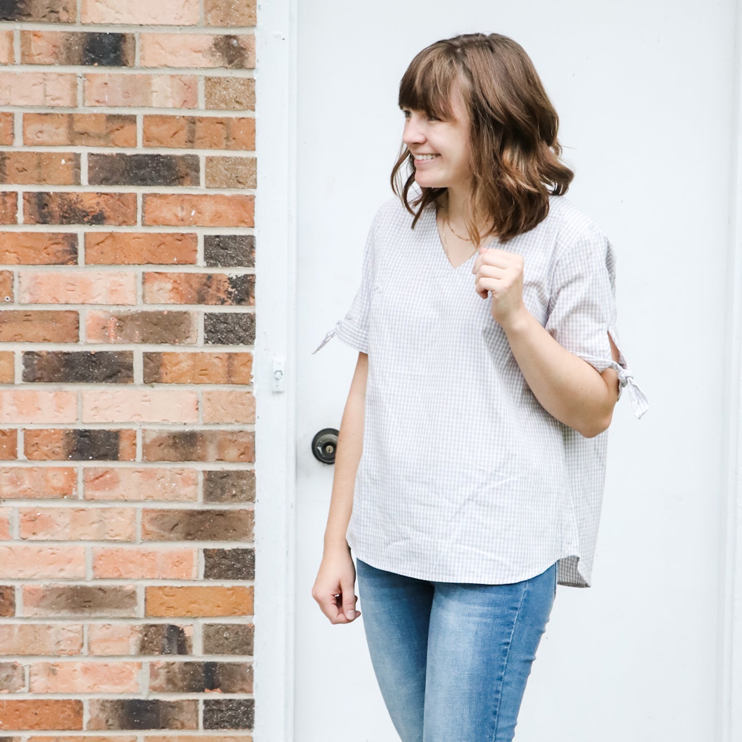 SHORT SLEEVE GINGHAM TOP ASH