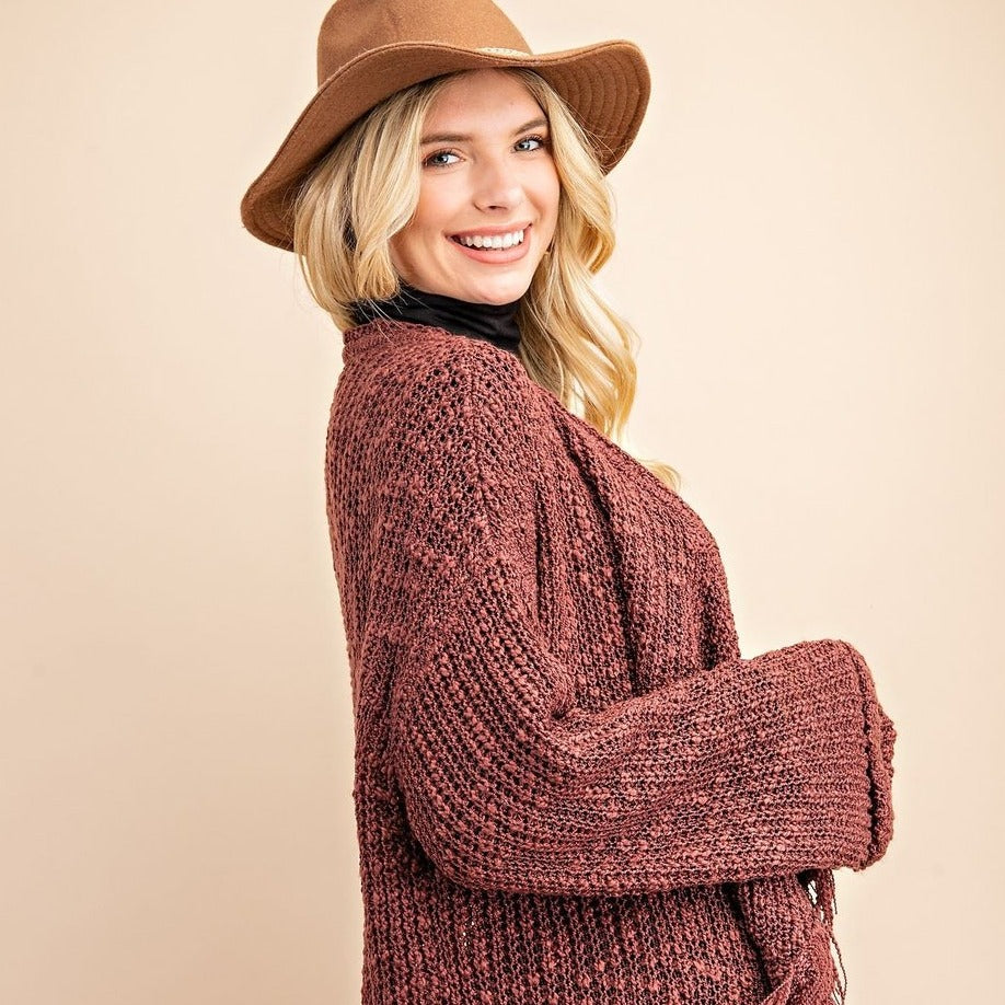 FRAYED AND DRAPED SWEATER CARDIGAN BURGUNDY